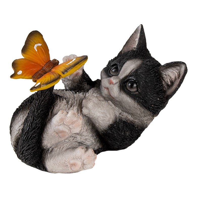 Clayre & Eef beeld Kat met vlinder 14x8x11 cm Zwart Wit Kunststof