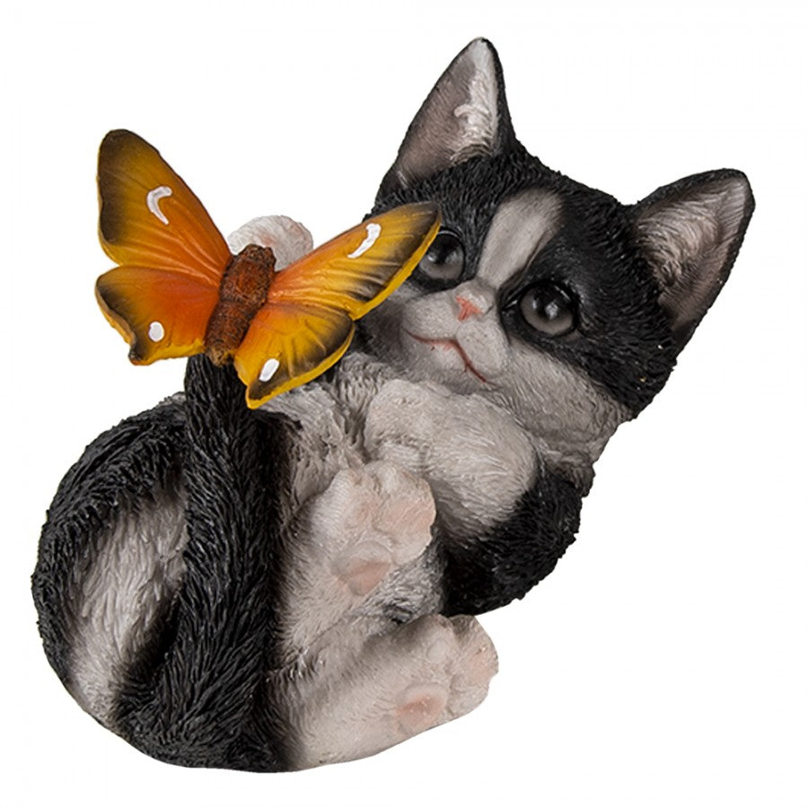 Clayre & Eef beeld Kat met vlinder 14x8x11 cm Zwart Wit Kunststof
